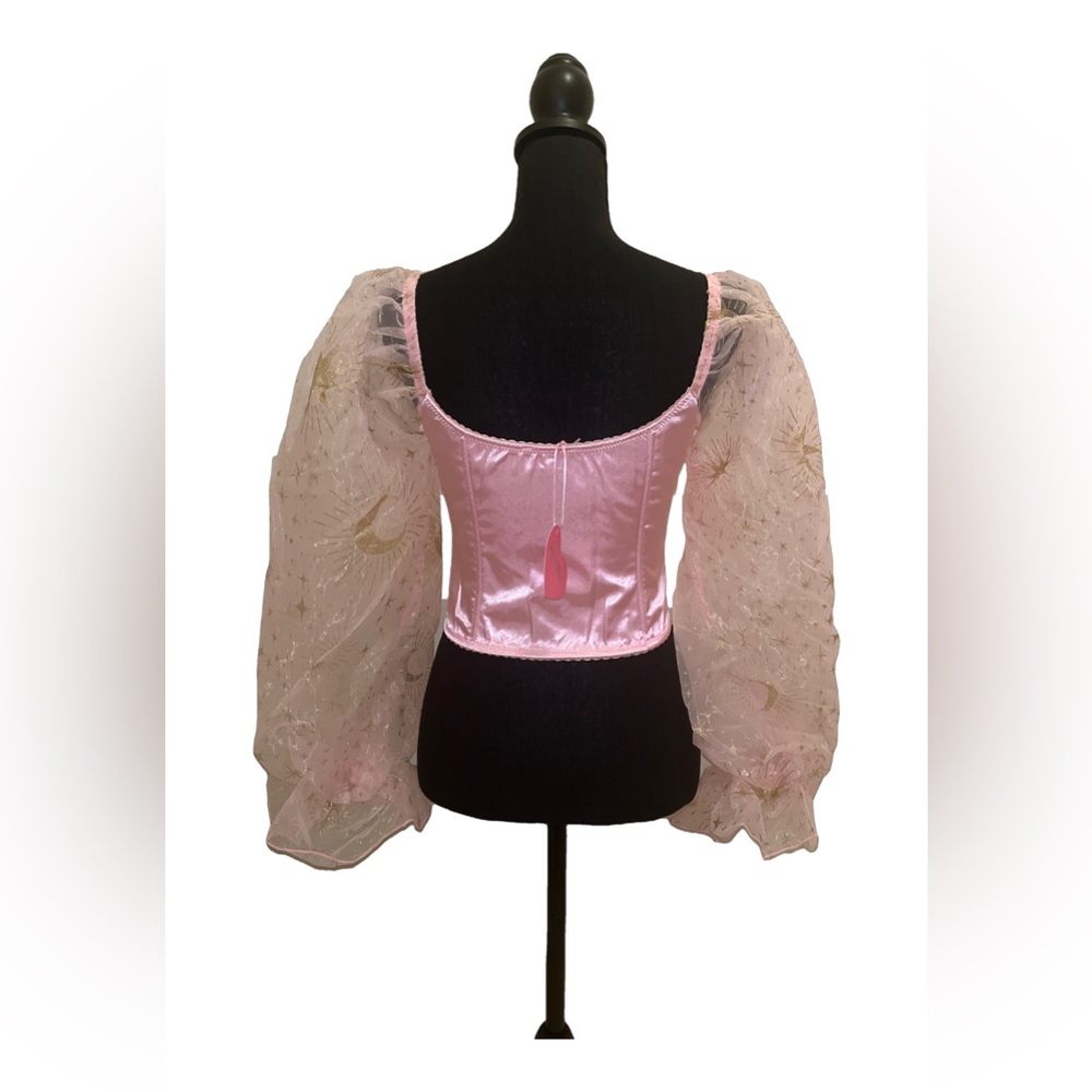 Sugar Thrillz Pink Satin Boned Corset with Long Sheer puffy sleeves Halloween - Picture 5 of 5